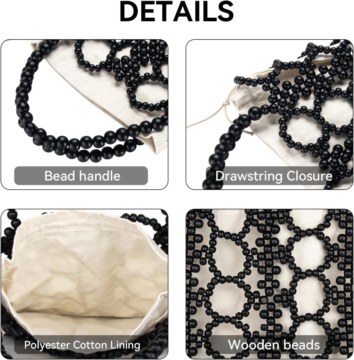 YYW Unique Handmade Wooden Bead Tote Bag for Women, Small Handwoven Clutch Purses Woven Bucket Handbag and Drawstring Handbag