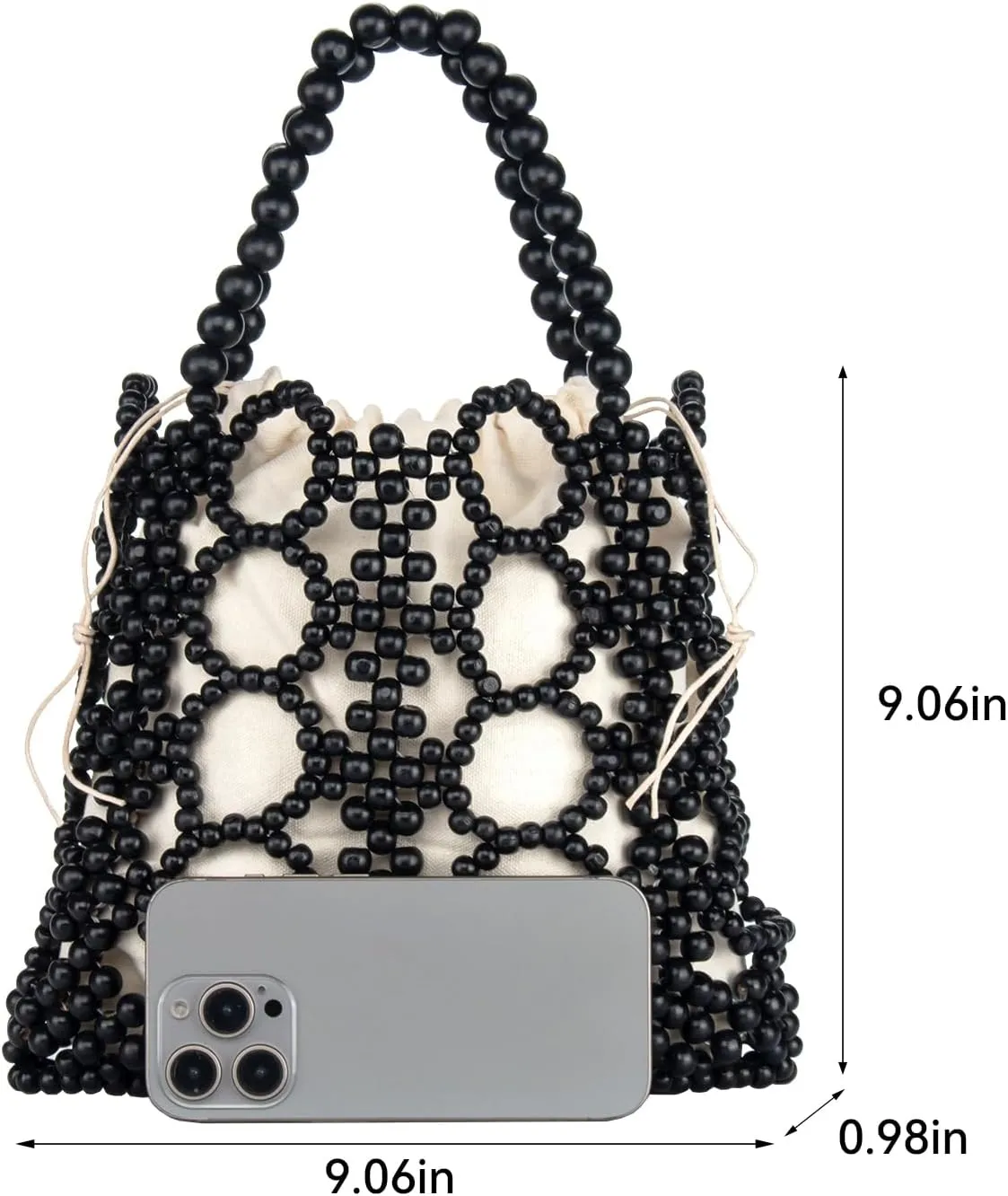 YYW Unique Handmade Wooden Bead Tote Bag for Women, Small Handwoven Clutch Purses Woven Bucket Handbag and Drawstring Handbag