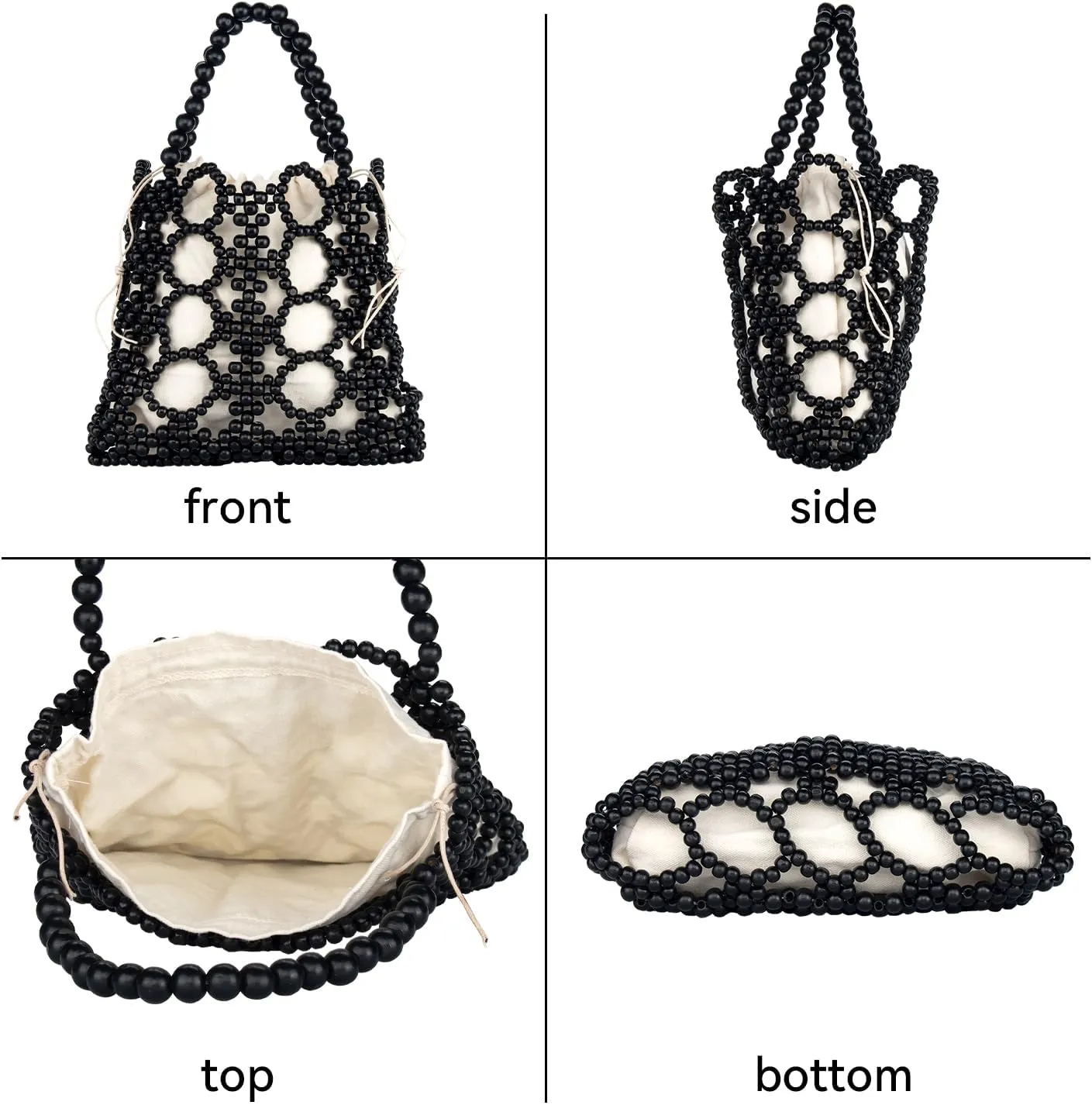 YYW Unique Handmade Wooden Bead Tote Bag for Women, Small Handwoven Clutch Purses Woven Bucket Handbag and Drawstring Handbag