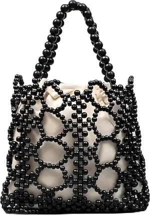 YYW Unique Handmade Wooden Bead Tote Bag for Women, Small Handwoven Clutch Purses Woven Bucket Handbag and Drawstring Handbag