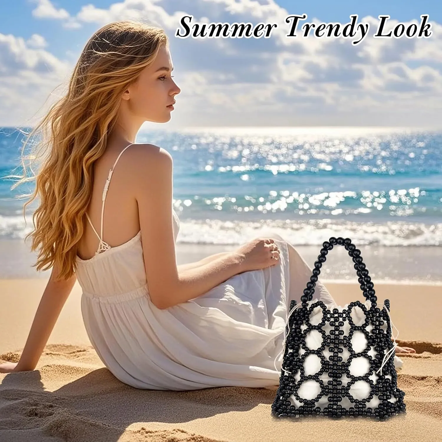 YYW Unique Handmade Wooden Bead Tote Bag for Women, Small Handwoven Clutch Purses Woven Bucket Handbag and Drawstring Handbag