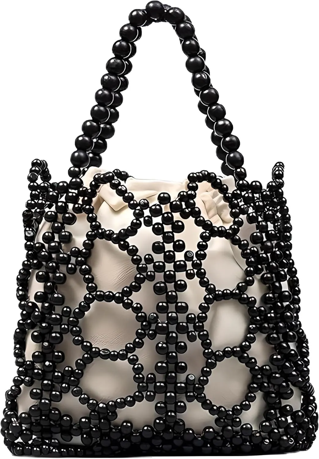 YYW Unique Handmade Wooden Bead Tote Bag for Women, Small Handwoven Clutch Purses Woven Bucket Handbag and Drawstring Handbag
