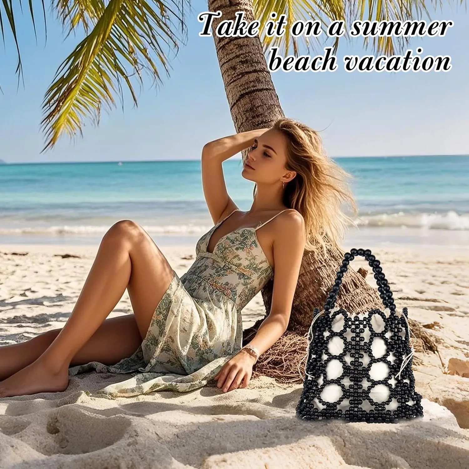 YYW Unique Handmade Wooden Bead Tote Bag for Women, Small Handwoven Clutch Purses Woven Bucket Handbag and Drawstring Handbag