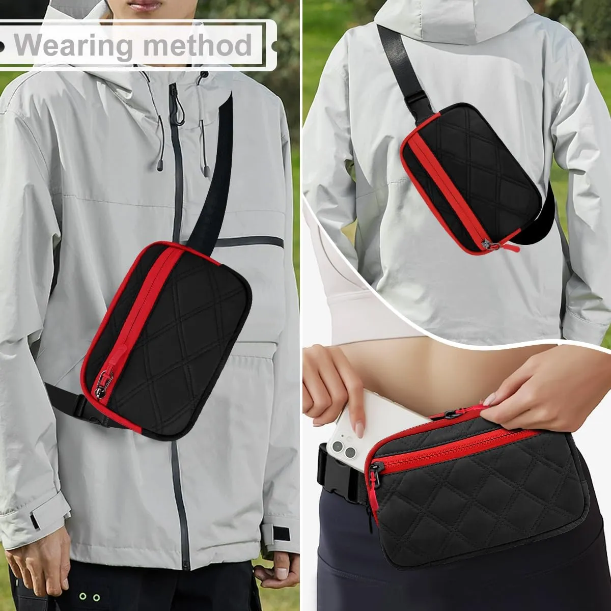 ZINZ Fanny Packs Waist Belt Bags for Travel and Daily Use, Crossbody Bum Hip Bag for Women and Men,Black Red
