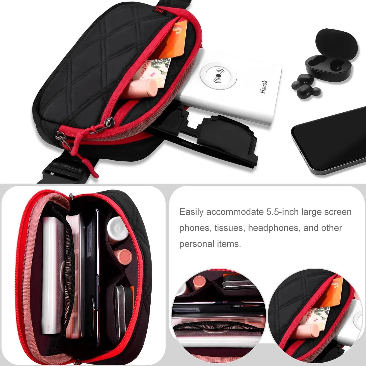 ZINZ Fanny Packs Waist Belt Bags for Travel and Daily Use, Crossbody Bum Hip Bag for Women and Men,Black Red