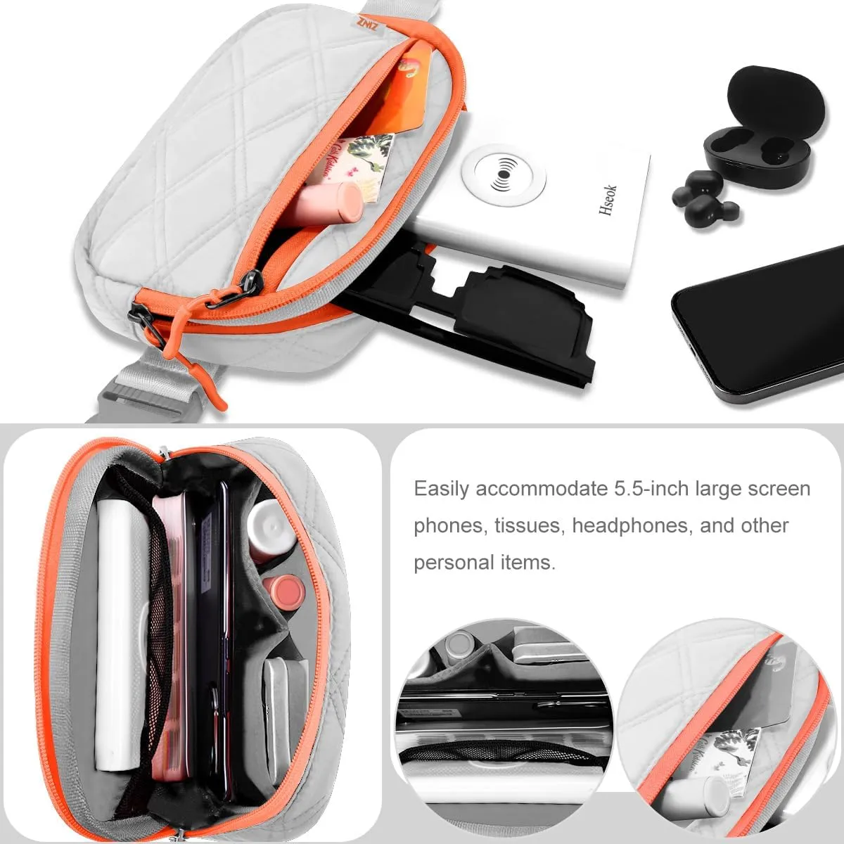 ZINZ Fanny Packs Waist Belt Bags for Travel and Daily Use, Crossbody Bum Hip Bag for Women and Men,Gray Orange