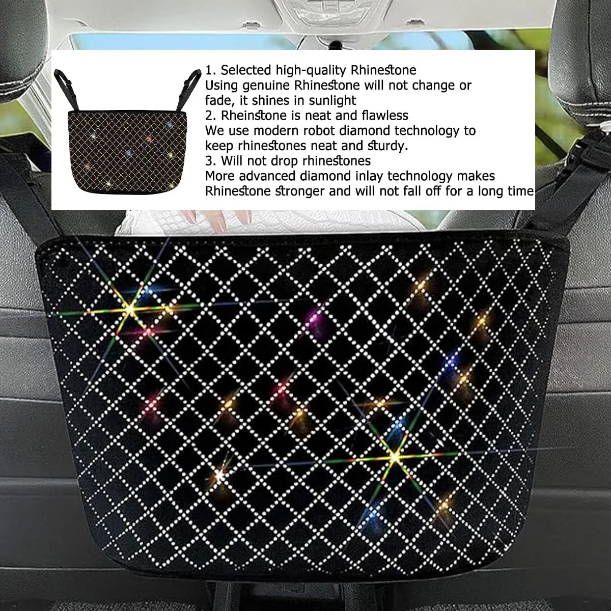 zipelo Bling Car Net Pocket Handbag Holder, Rhinestone Vehicle Backseat Purse Organizer Between Seats, Diamond Hanging Storage Bag Barrier of Pet Kids, Universal Automotive Accessories (Multicolor)