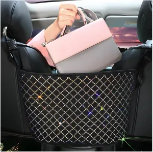 zipelo Bling Car Net Pocket Handbag Holder, Rhinestone Vehicle Backseat Purse Organizer Between Seats, Diamond Hanging Storage Bag Barrier of Pet Kids, Universal Automotive Accessories (Multicolor)