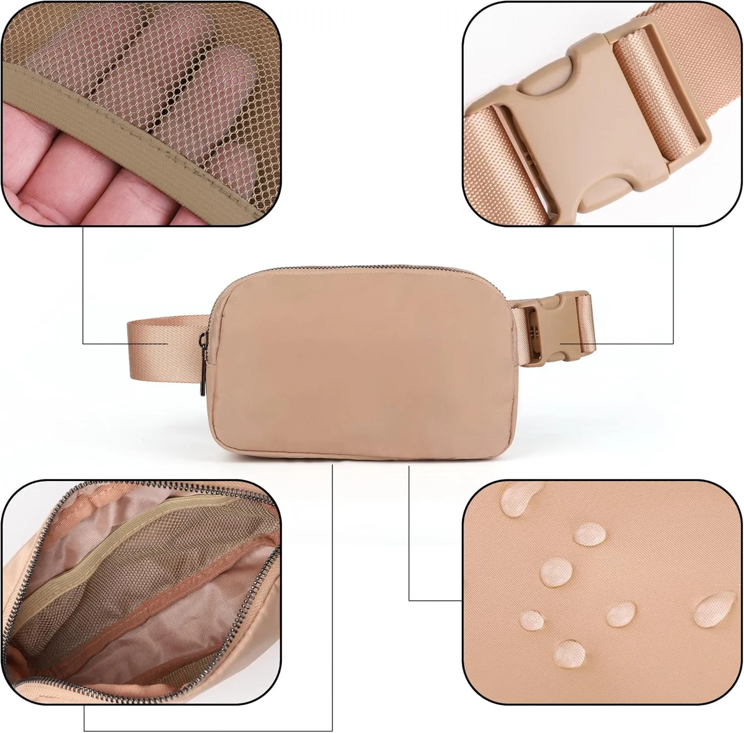 ZPN Mini Fanny Pack Belt Bag for Women and Men, Fashionable Waterproof Waist Pack with Adjustable Strap for Traveling, Hiking, Jogging, Cycling (Light Brown)
