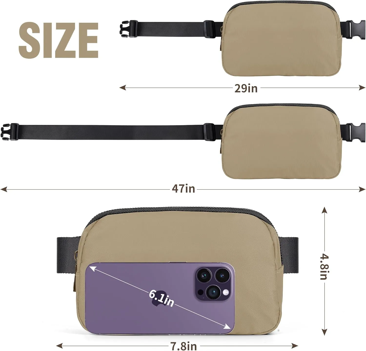 ZPN Mini Fanny Pack Khaki Belt Bag for Women and Men, Fashionable Waterproof Waist Pack with Adjustable Strap for Traveling, Hiking, Jogging, Cycling